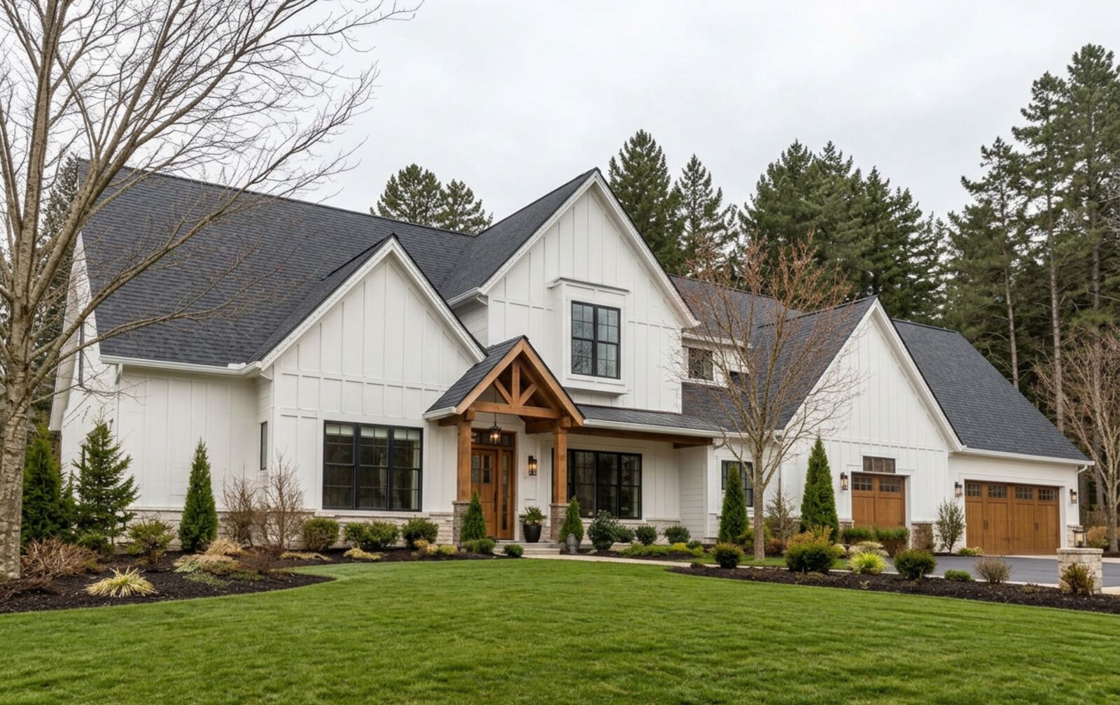 Farmhouse in daylight with the permanent light track hidden along the trim